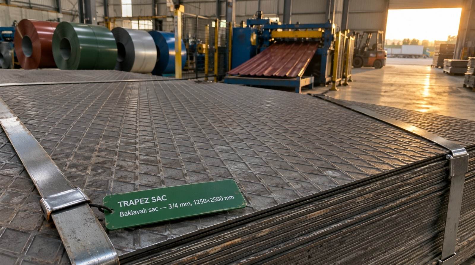 Baklavalı sac 3/4 mm, 1250×2500 mm, üretim sahasında paket