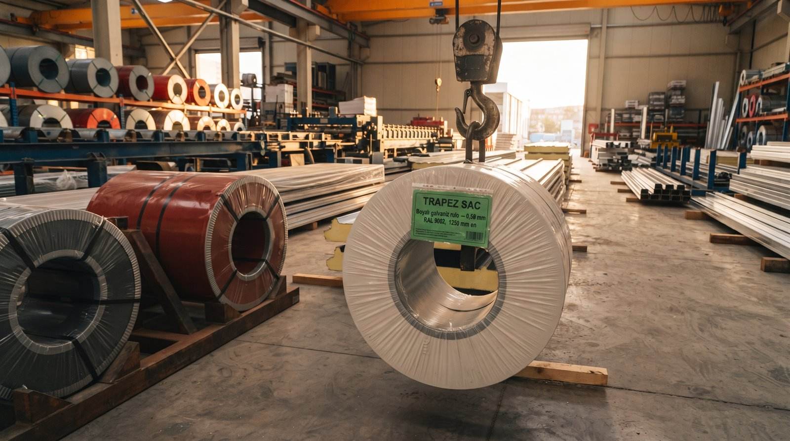 Boyalı galvaniz rulo 0,50 mm RAL 9002, 1250 mm en, üretim sahasında paket