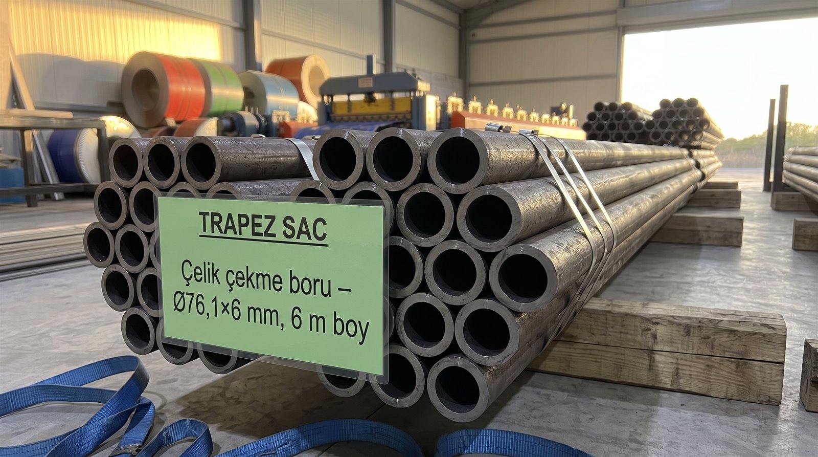 Çelik çekme boru Ø76,1×6 mm, 6 m boy, üretim sahasında paket