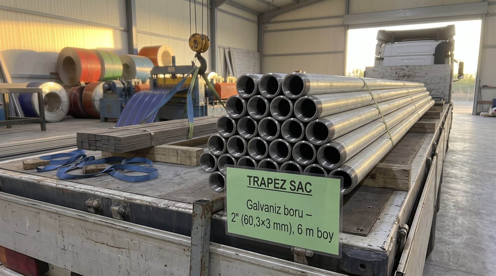 Galvaniz boru 2" (60,3×3 mm), 6 m boy, üretim sahasında paket