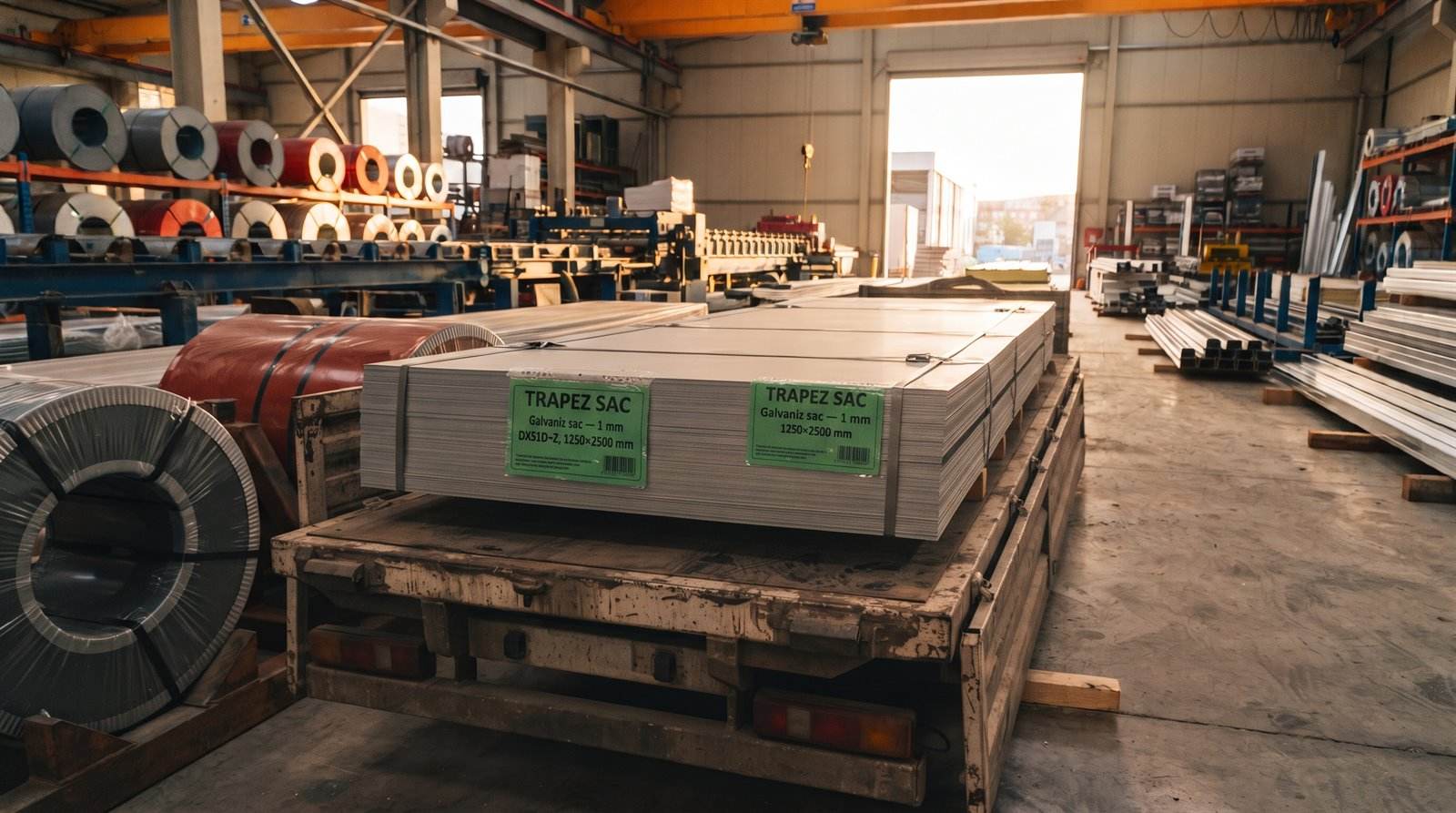 Galvaniz sac 1 mm DX51D+Z, 1250×2500 mm, üretim sahasında paket