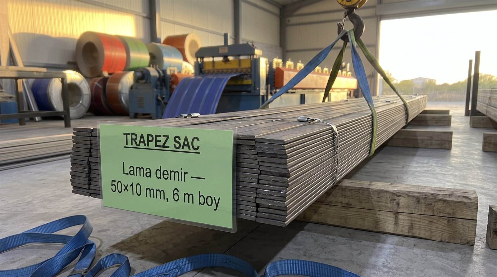 Lama demir 50×10 mm, 6 m boy, üretim sahasında paket