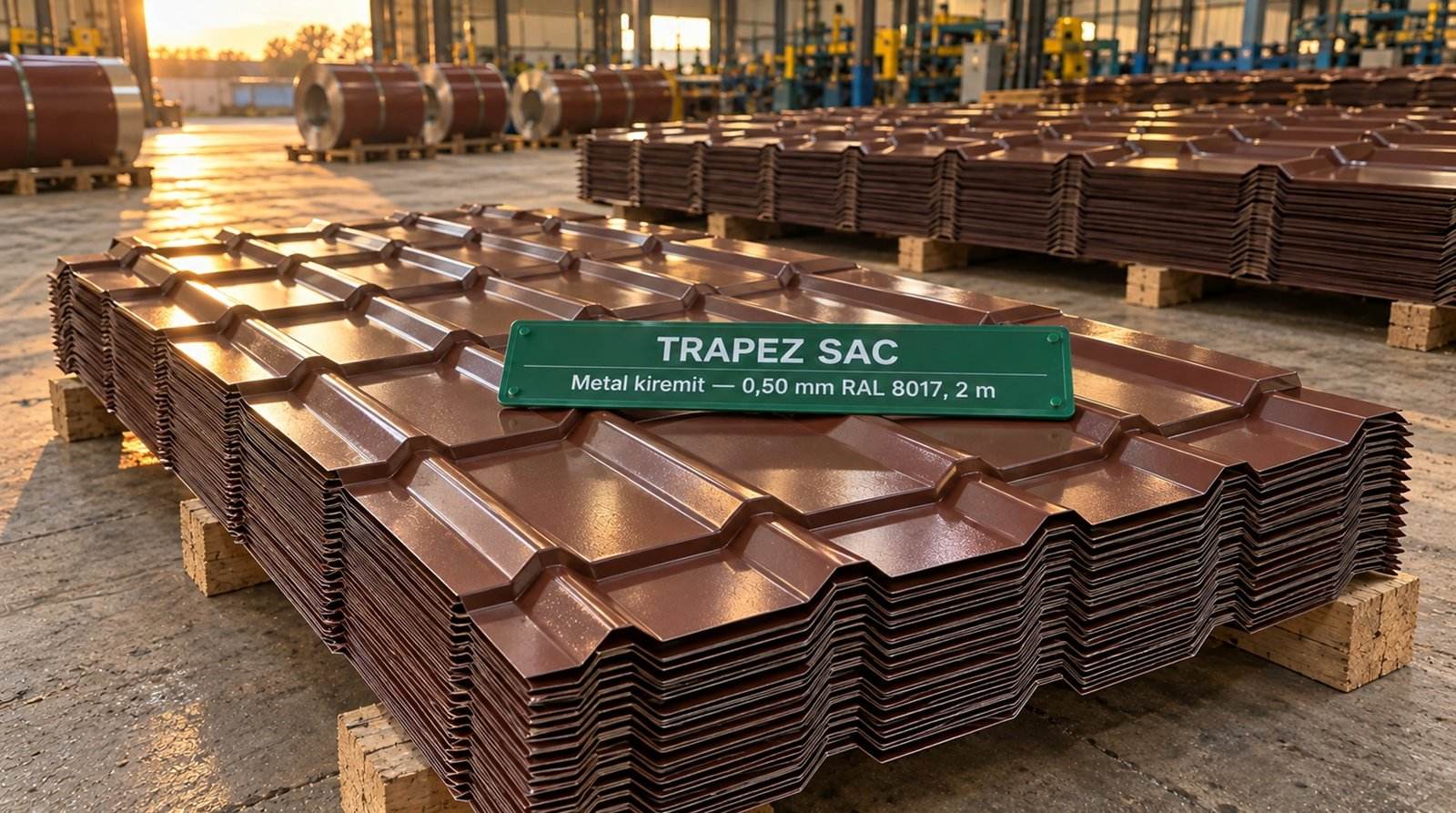 Metal kiremit 0,50 mm RAL 8017, 2 m, üretim sahasında paket