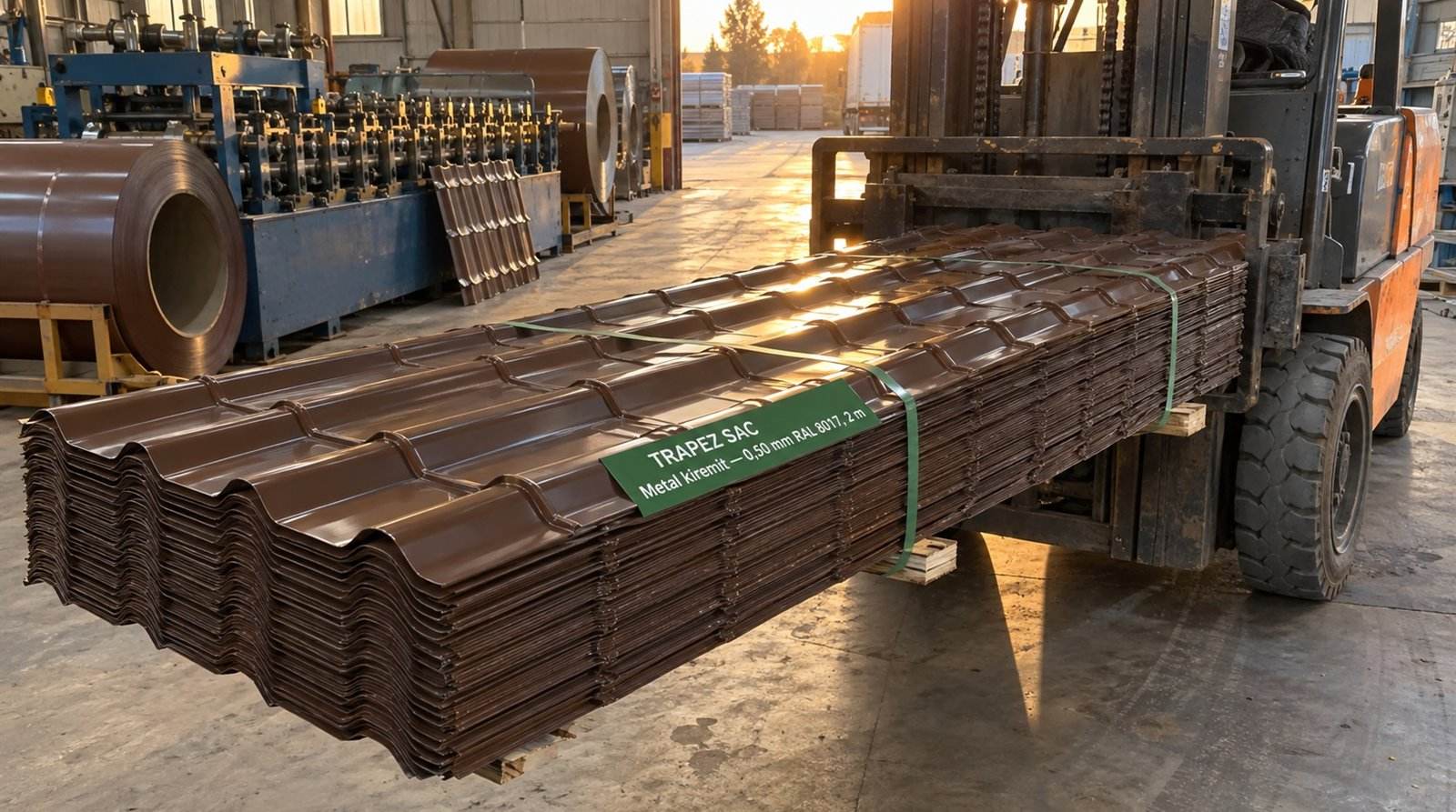 Metal kiremit 0,50 mm RAL 8017, 2 m, üretim sahasında paket