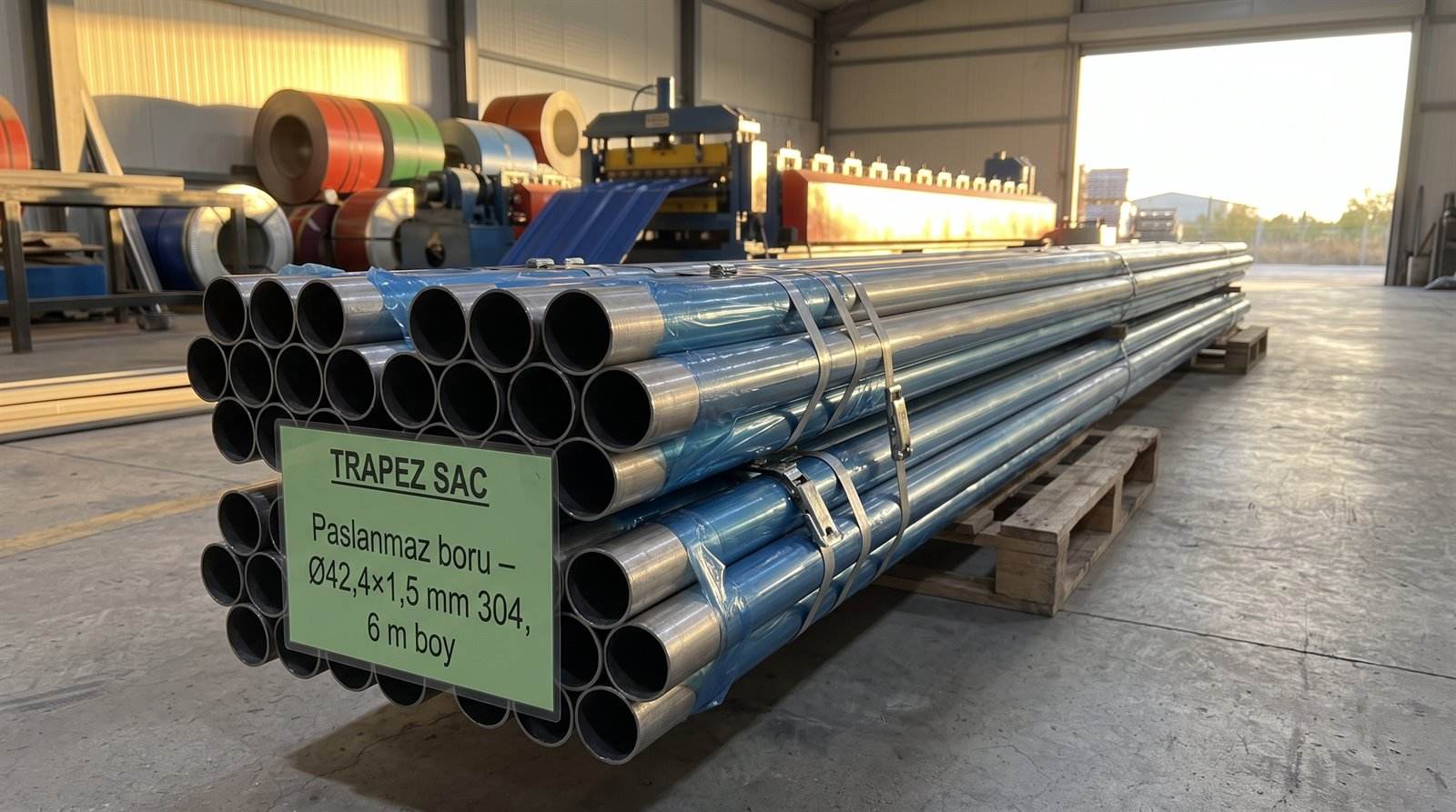 Paslanmaz boru Ø42,4×1,5 mm 304, 6 m boy, üretim sahasında paket