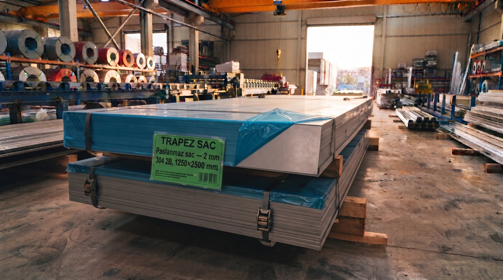 Paslanmaz sac 2 mm 304 2B, 1250×2500 mm, üretim sahasında paket