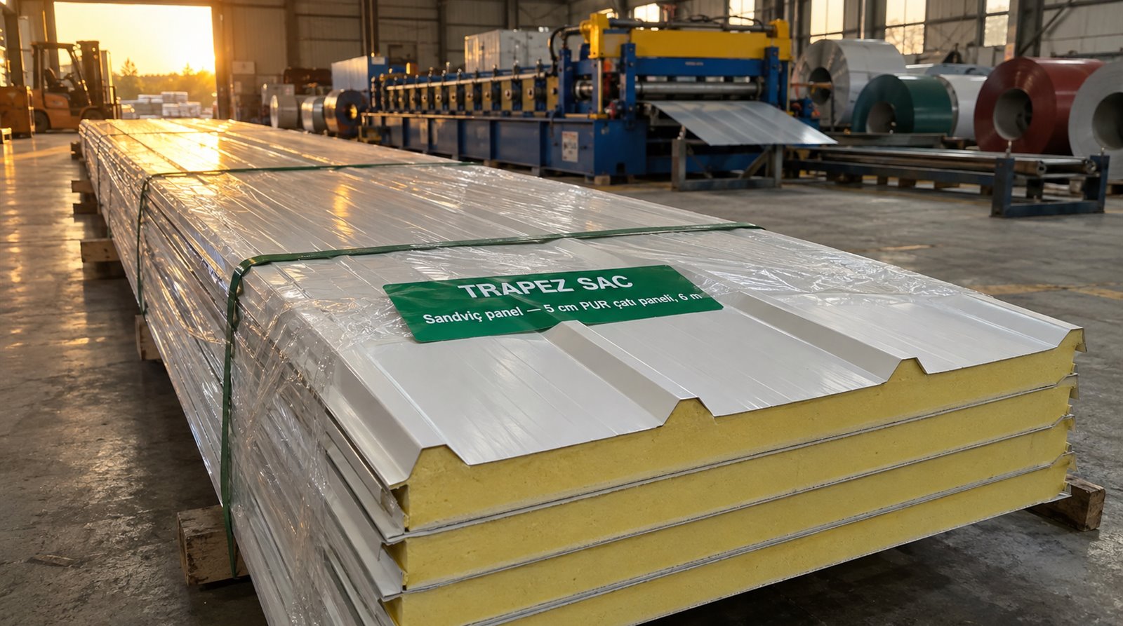 Sandviç panel 5 cm PUR çatı paneli, 6 m, üretim sahasında paket