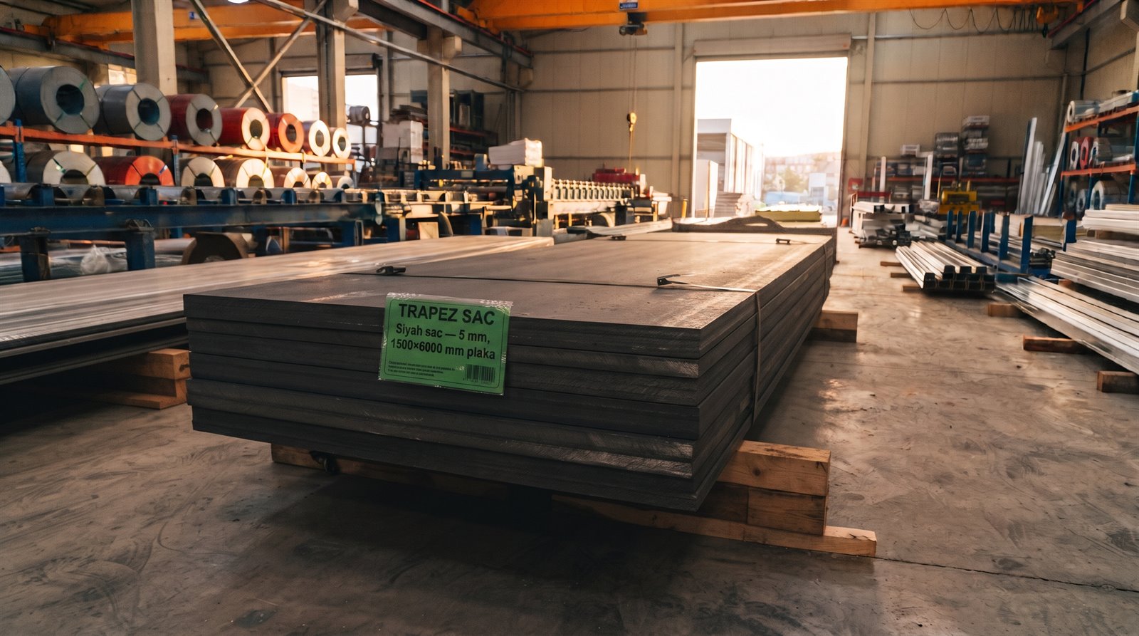 Siyah sac 5 mm, 1500×6000 mm plaka, üretim sahasında paket