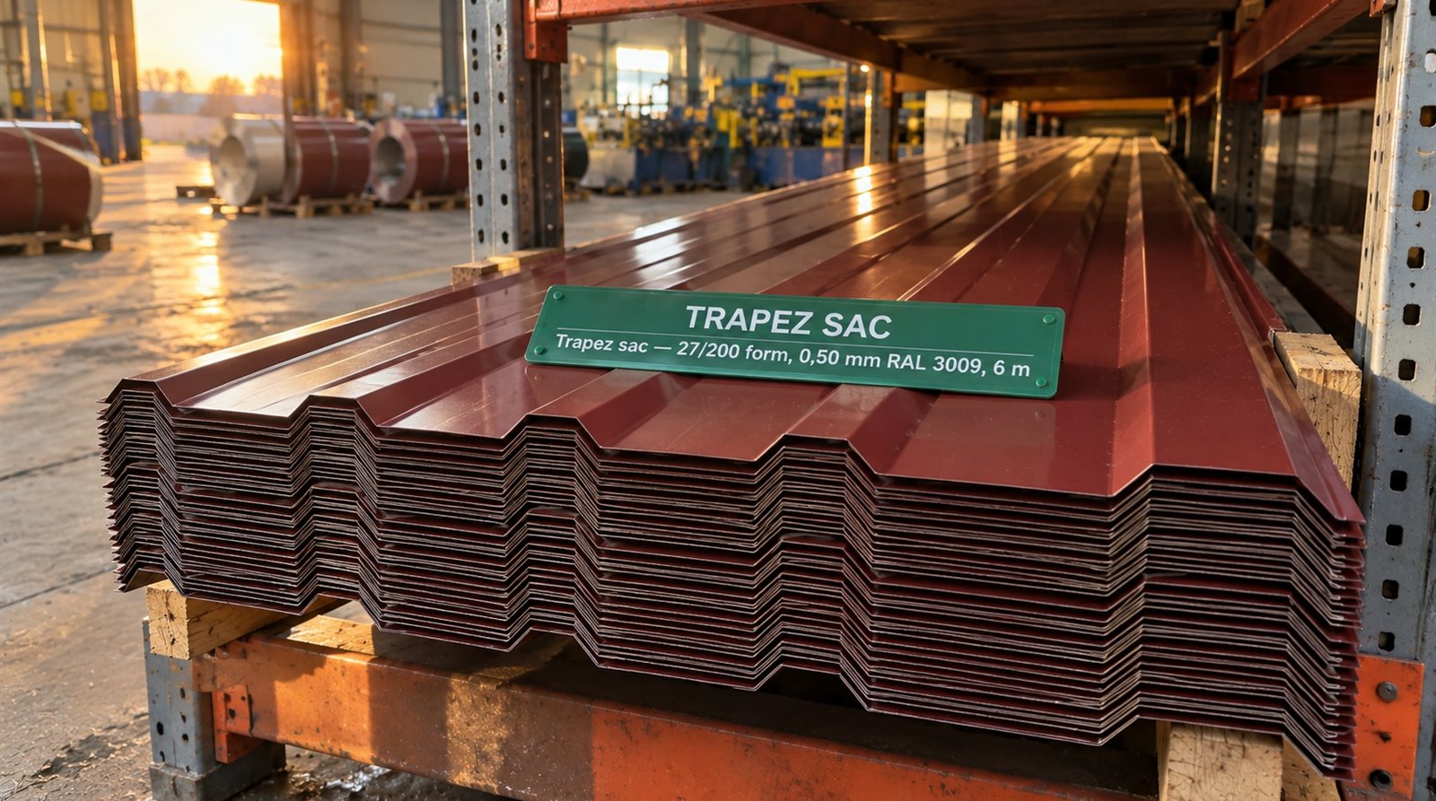 Trapez sac 27/200 form, 0,50 mm RAL 3009, 6 m, üretim sahasında paket