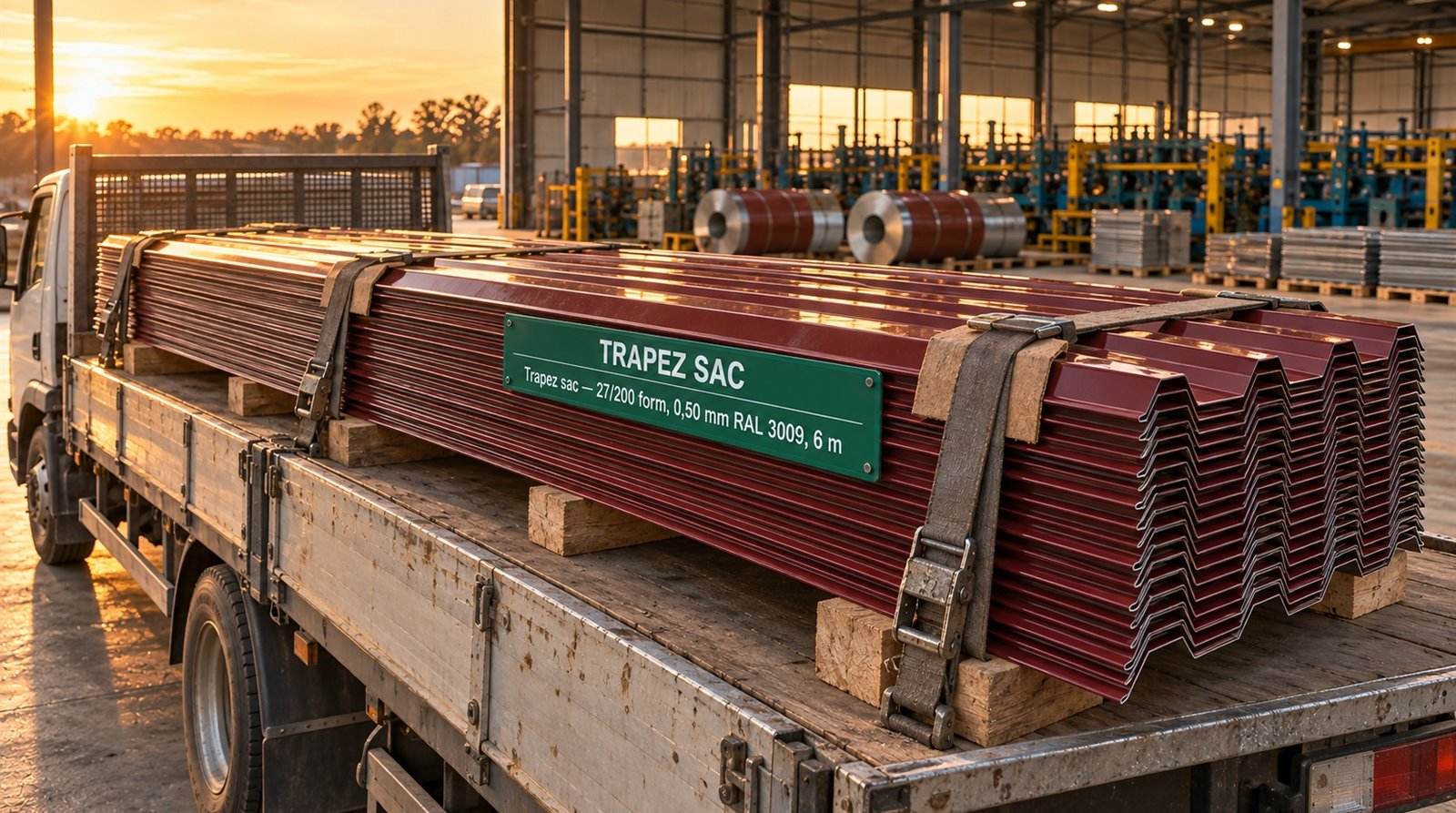 Trapez sac 27/200 form, 0,50 mm RAL 3009, 6 m, üretim sahasında paket